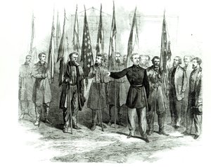 1864年10月23日にワシントンで捕獲された南軍の旗を提示するカスター将軍